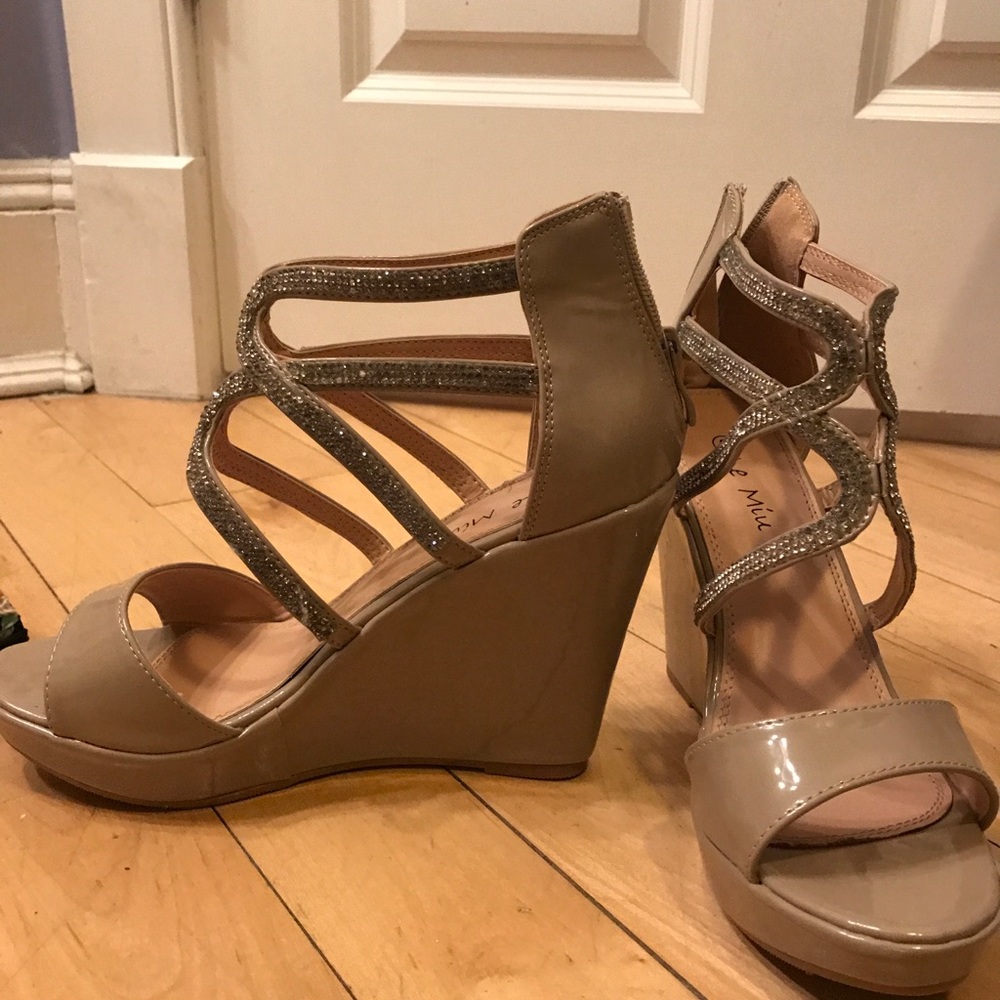 Nude bedazzled wedges